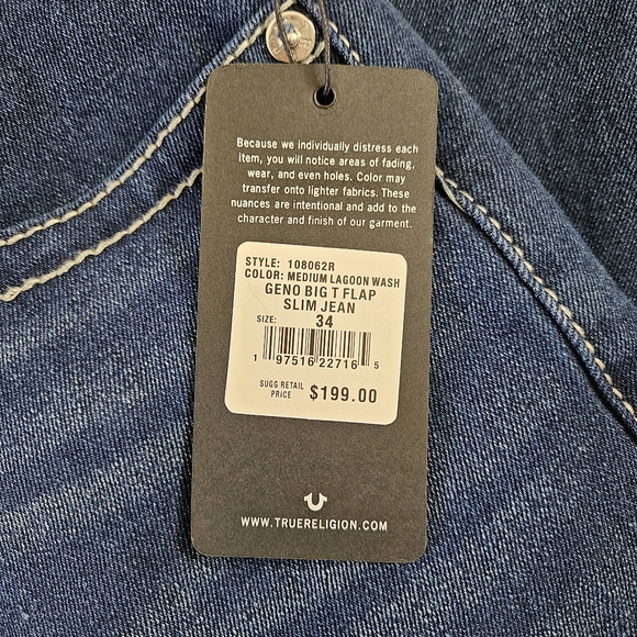 True Religion Geno Relaxed Slim Blue Jeans Big T Flap Slim Medium Lagoon Size 34 - Picture 2 of 7